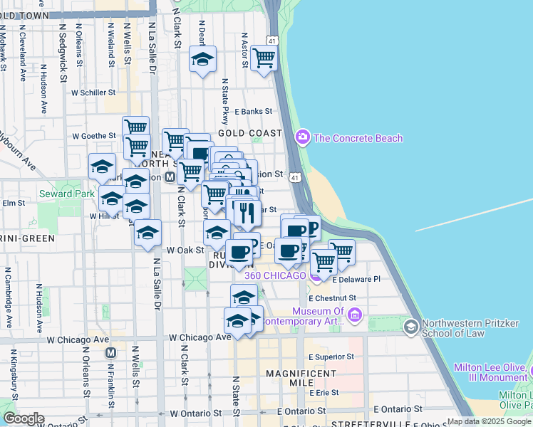 map of restaurants, bars, coffee shops, grocery stores, and more near 40 East Cedar Street in Chicago