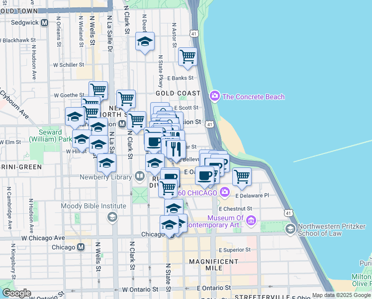 map of restaurants, bars, coffee shops, grocery stores, and more near 40 East Cedar Street in Chicago