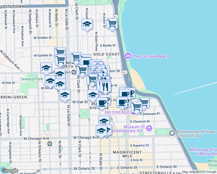 map of restaurants, bars, coffee shops, grocery stores, and more near 40 East Cedar Street in Chicago