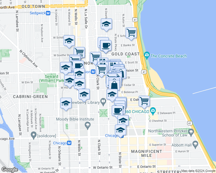 map of restaurants, bars, coffee shops, grocery stores, and more near 1122 North Dearborn Street in Chicago
