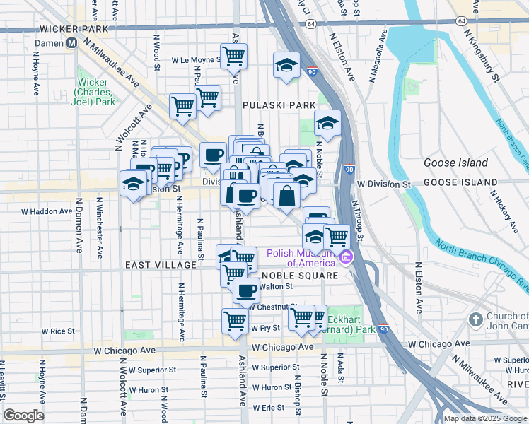 map of restaurants, bars, coffee shops, grocery stores, and more near 1515 West Haddon Avenue in Chicago