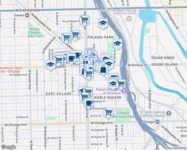 map of restaurants, bars, coffee shops, grocery stores, and more near 1515 West Haddon Avenue in Chicago