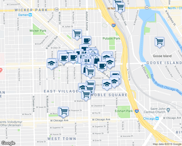 map of restaurants, bars, coffee shops, grocery stores, and more near 1132 North Ashland Avenue in Chicago