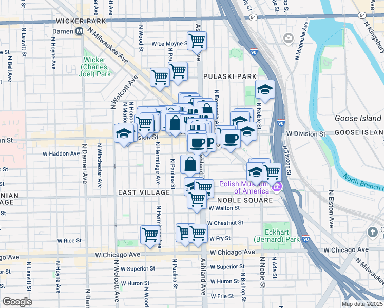 map of restaurants, bars, coffee shops, grocery stores, and more near 1104 North Marshfield Avenue in Chicago