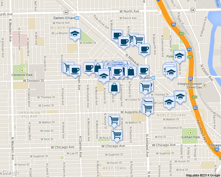 map of restaurants, bars, coffee shops, grocery stores, and more near 1133 North Wood Street in Chicago
