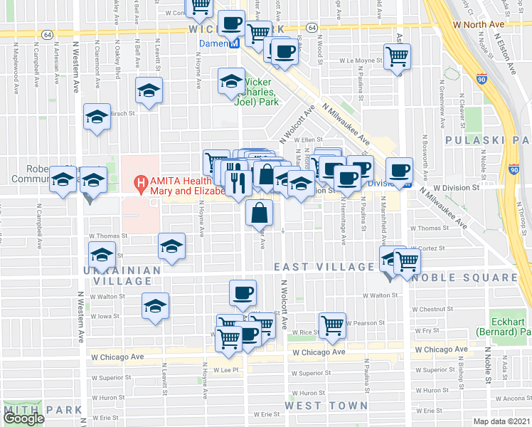 map of restaurants, bars, coffee shops, grocery stores, and more near 1138 North Winchester Avenue in Chicago
