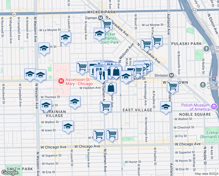 map of restaurants, bars, coffee shops, grocery stores, and more near 1138 North Winchester Avenue in Chicago