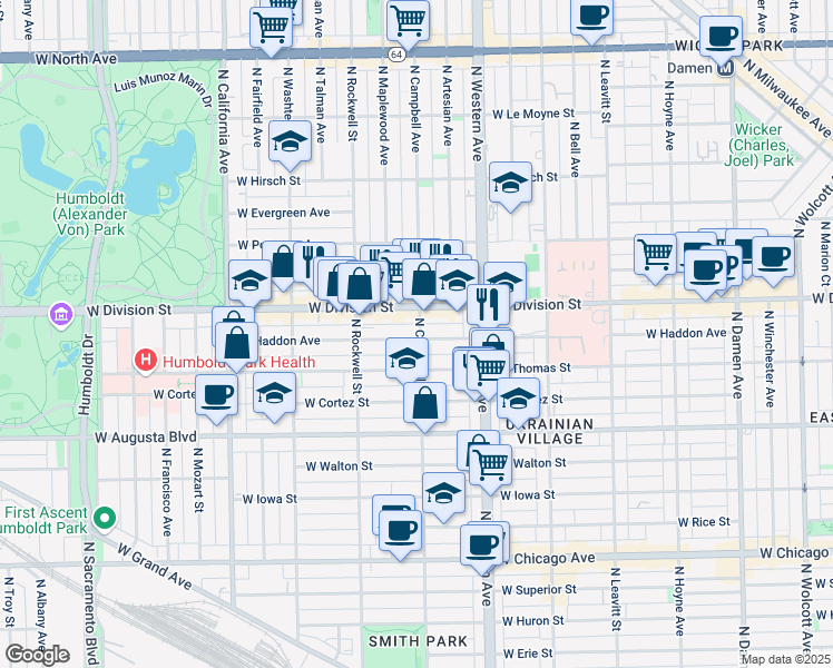 map of restaurants, bars, coffee shops, grocery stores, and more near in Chicago