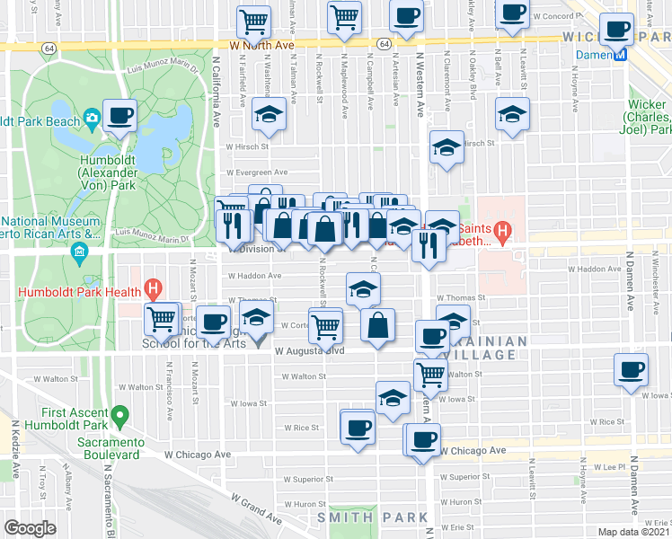 map of restaurants, bars, coffee shops, grocery stores, and more near in Chicago