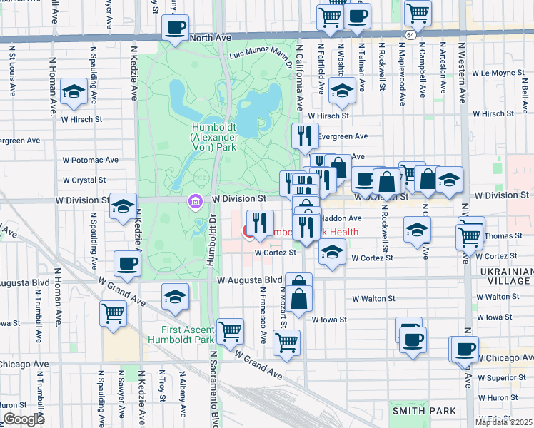 map of restaurants, bars, coffee shops, grocery stores, and more near 2851 West Division Street in Chicago