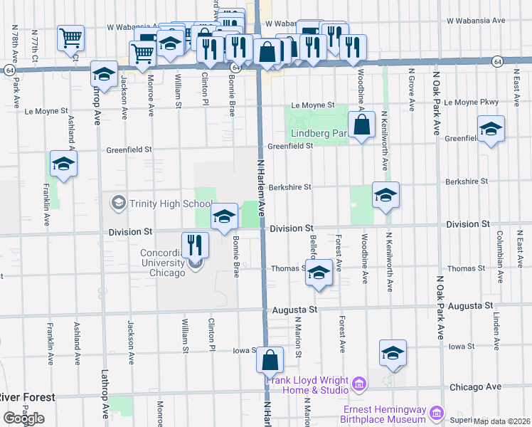 map of restaurants, bars, coffee shops, grocery stores, and more near 1221 North Harlem Avenue in Oak Park