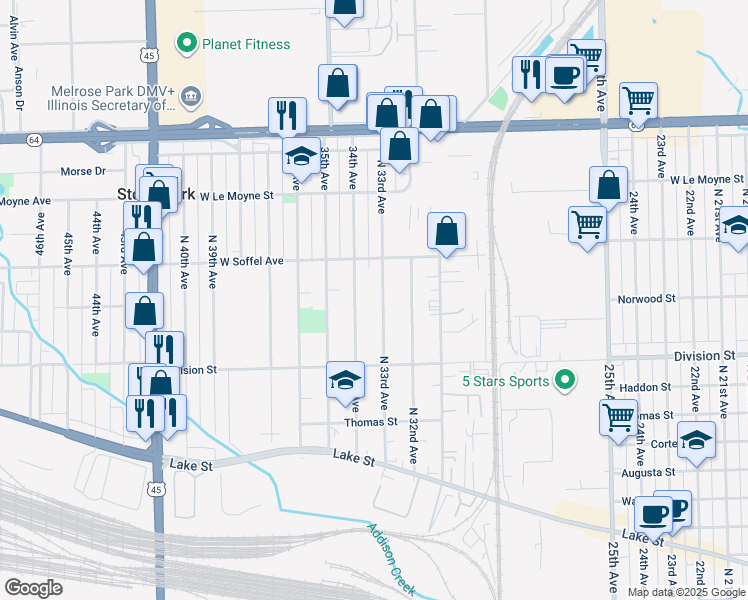 map of restaurants, bars, coffee shops, grocery stores, and more near 1612 North 33rd Avenue in Melrose Park