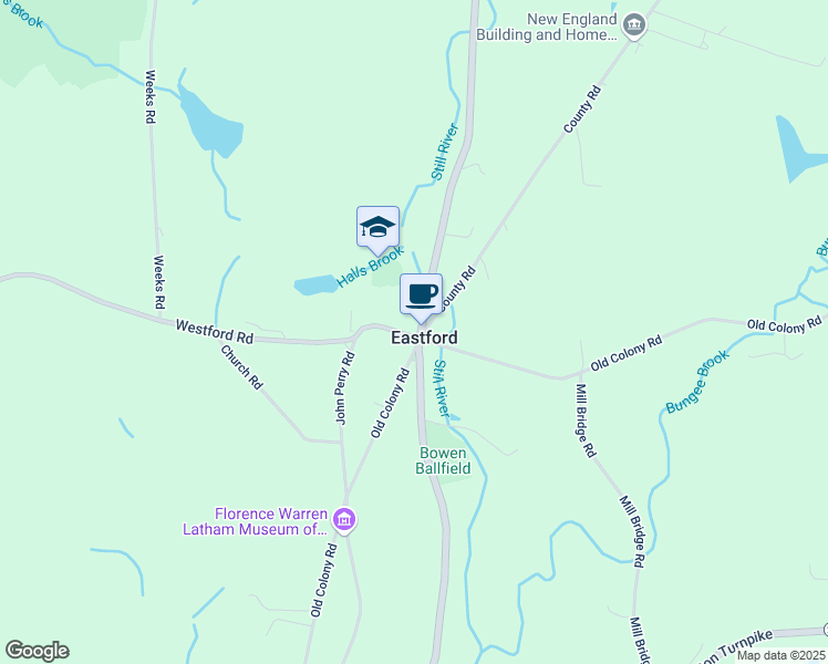 map of restaurants, bars, coffee shops, grocery stores, and more near 2 Westford Road in Eastford