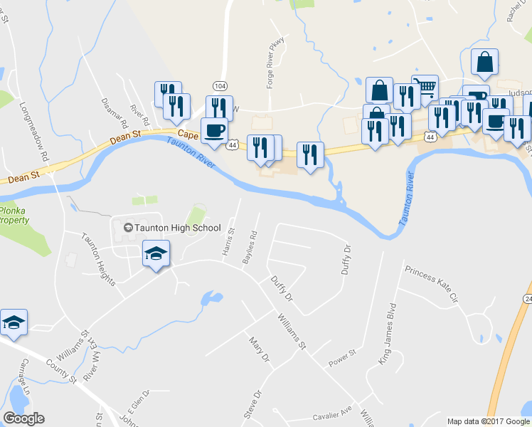 map of restaurants, bars, coffee shops, grocery stores, and more near 97 Baylies Road in Taunton