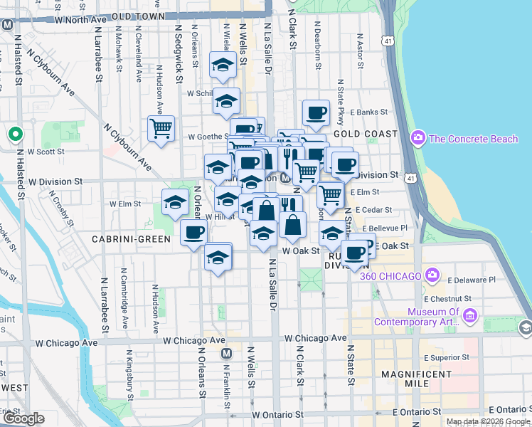 map of restaurants, bars, coffee shops, grocery stores, and more near 1110 North LaSalle Street in Chicago