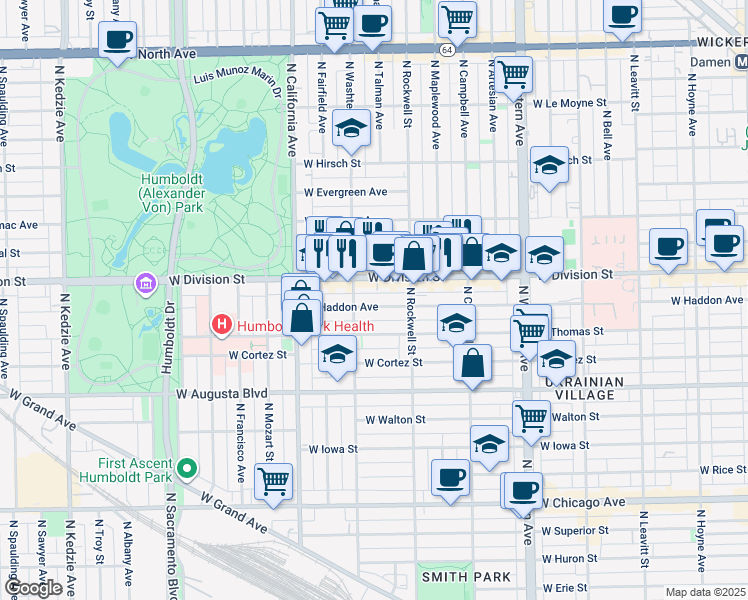 map of restaurants, bars, coffee shops, grocery stores, and more near 2638 West Haddon Avenue in Chicago