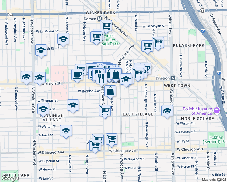 map of restaurants, bars, coffee shops, grocery stores, and more near 1129 North Winchester Avenue in Chicago