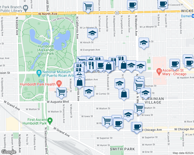map of restaurants, bars, coffee shops, grocery stores, and more near 2642 West Haddon Avenue in Chicago