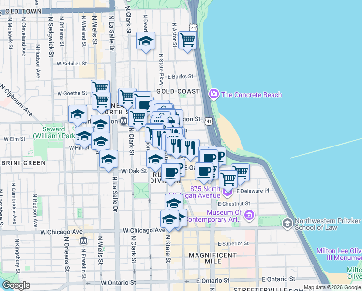 map of restaurants, bars, coffee shops, grocery stores, and more near 33 East Cedar Street in Chicago