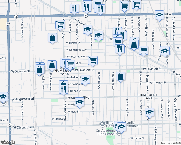 map of restaurants, bars, coffee shops, grocery stores, and more near 4219 West Division Street in Chicago