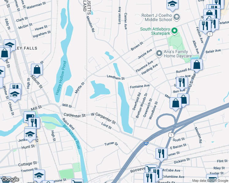 map of restaurants, bars, coffee shops, grocery stores, and more near 112 Pond Street in Attleboro