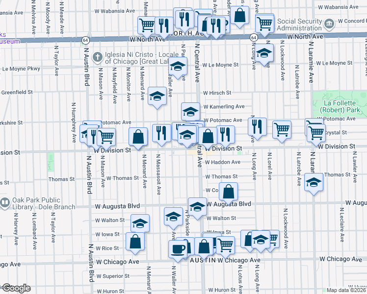 map of restaurants, bars, coffee shops, grocery stores, and more near 1211 North Parkside Avenue in Chicago