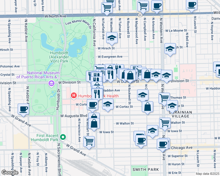 map of restaurants, bars, coffee shops, grocery stores, and more near 2706 West Haddon Avenue in Chicago