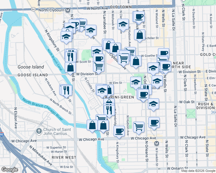 map of restaurants, bars, coffee shops, grocery stores, and more near 551 West Elm Street in Chicago