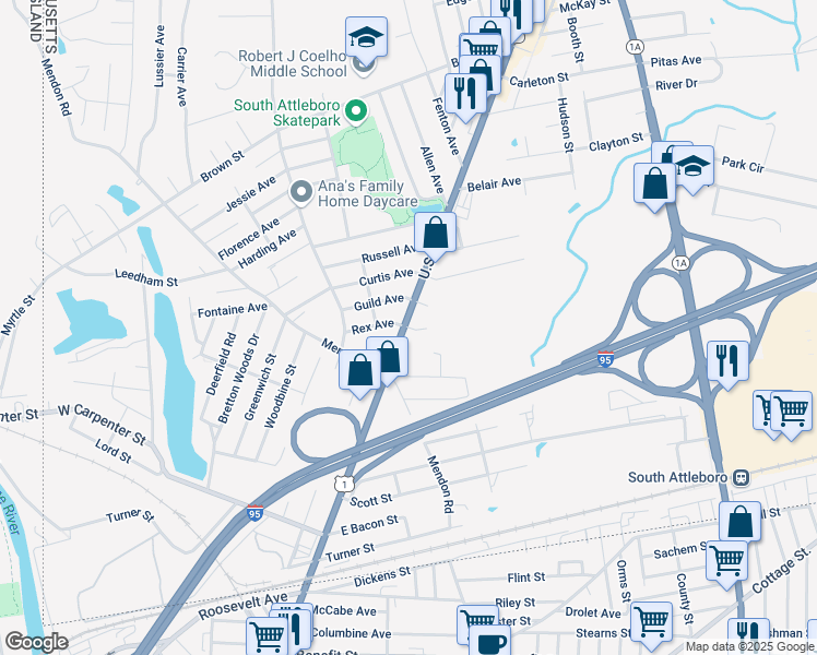 map of restaurants, bars, coffee shops, grocery stores, and more near 892 Washington Street in Attleboro