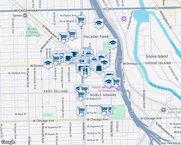 map of restaurants, bars, coffee shops, grocery stores, and more near 1515 West Haddon Avenue in Chicago