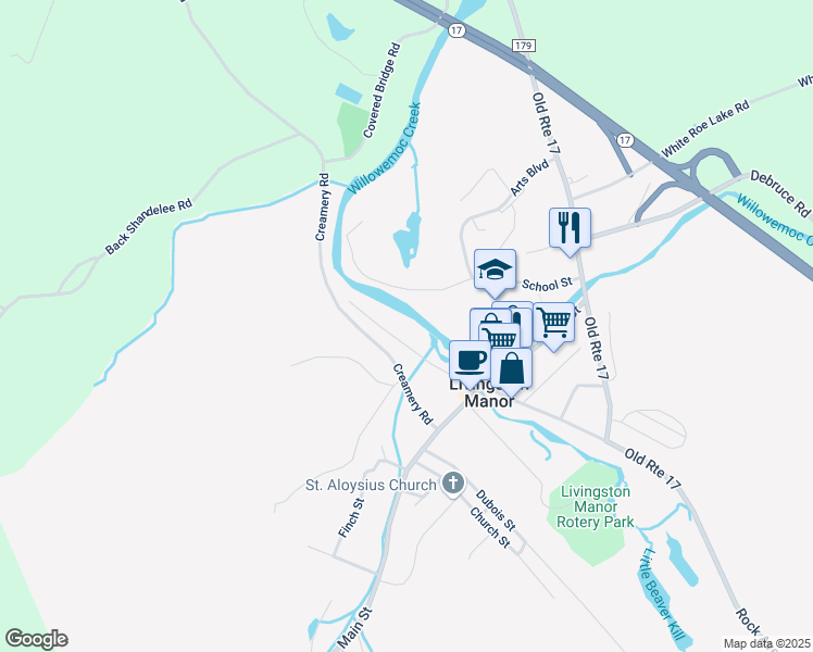 map of restaurants, bars, coffee shops, grocery stores, and more near 48 River in Livingston Manor