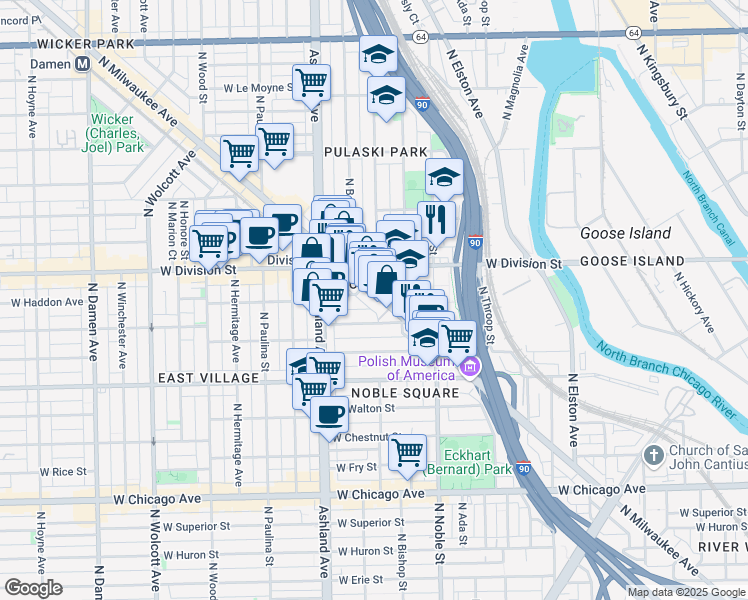 map of restaurants, bars, coffee shops, grocery stores, and more near 1127a North Milwaukee Avenue in Chicago