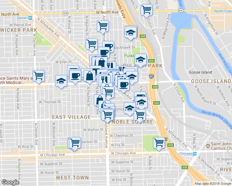 map of restaurants, bars, coffee shops, grocery stores, and more near 1515 West Haddon Avenue in Chicago