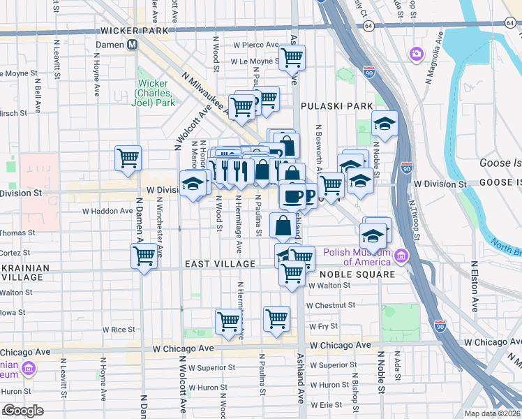 map of restaurants, bars, coffee shops, grocery stores, and more near 1712 West Haddon Avenue in Chicago