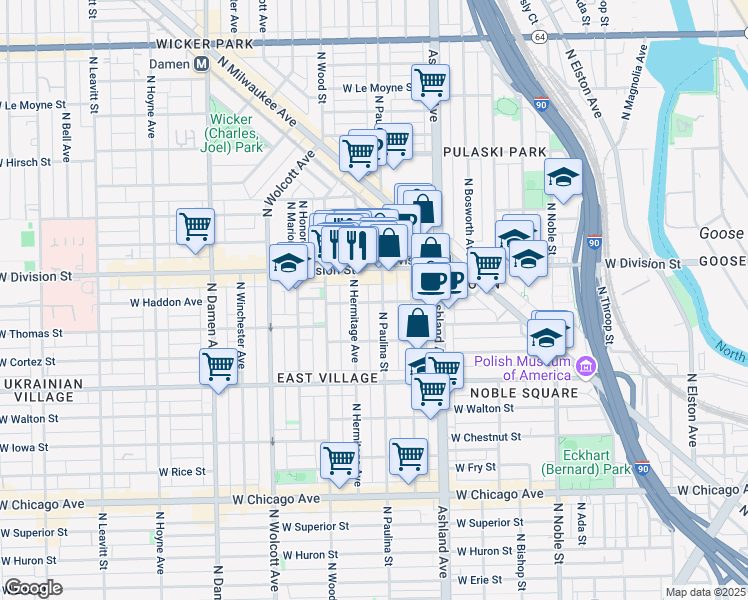 map of restaurants, bars, coffee shops, grocery stores, and more near 1712 West Haddon Avenue in Chicago