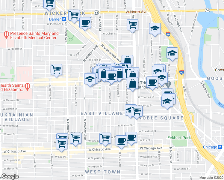 map of restaurants, bars, coffee shops, grocery stores, and more near 1712 West Haddon Avenue in Chicago