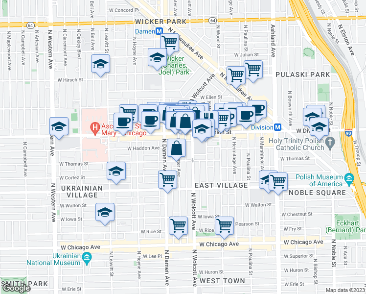 map of restaurants, bars, coffee shops, grocery stores, and more near 1138 North Wolcott Avenue in Chicago