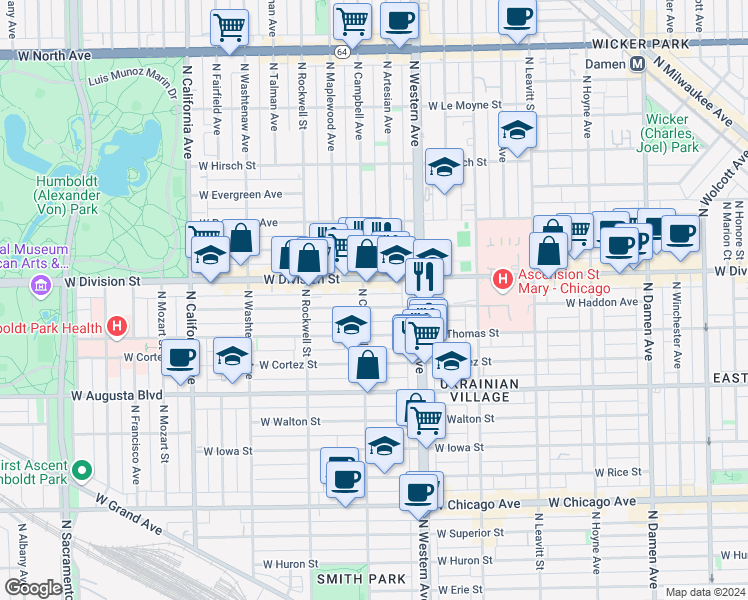 map of restaurants, bars, coffee shops, grocery stores, and more near 2438 West Haddon Avenue in Chicago