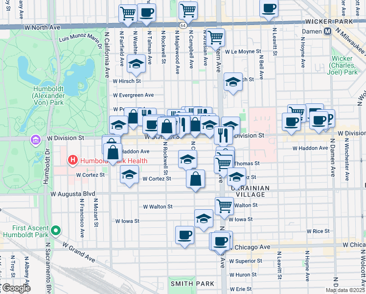 map of restaurants, bars, coffee shops, grocery stores, and more near in Chicago
