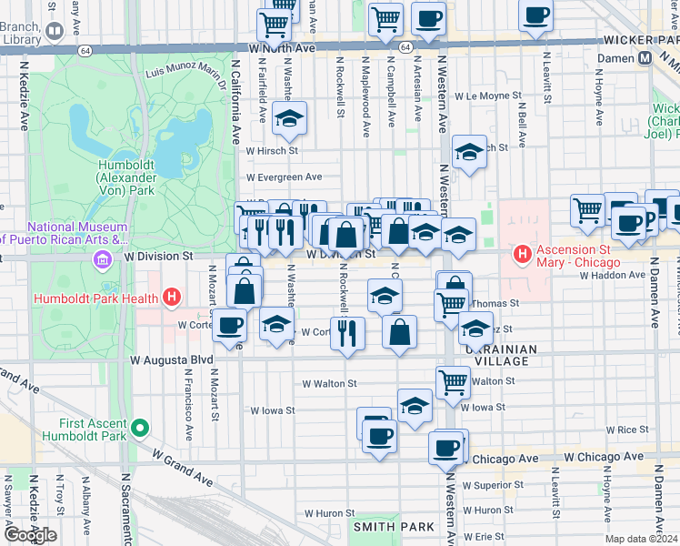 map of restaurants, bars, coffee shops, grocery stores, and more near 1145 North Rockwell Street in Chicago