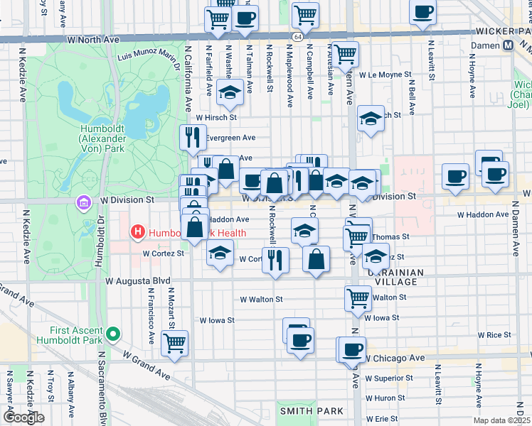 map of restaurants, bars, coffee shops, grocery stores, and more near 2625 West Division Street in Chicago
