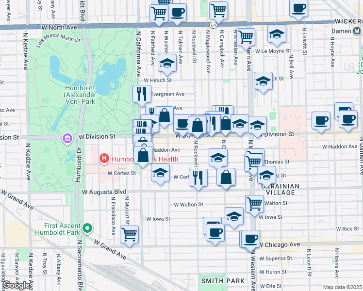 map of restaurants, bars, coffee shops, grocery stores, and more near 2625 West Division Street in Chicago