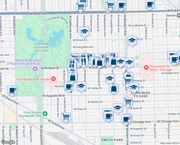 map of restaurants, bars, coffee shops, grocery stores, and more near 2625 West Division Street in Chicago
