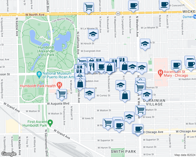 map of restaurants, bars, coffee shops, grocery stores, and more near 2625 West Division Street in Chicago