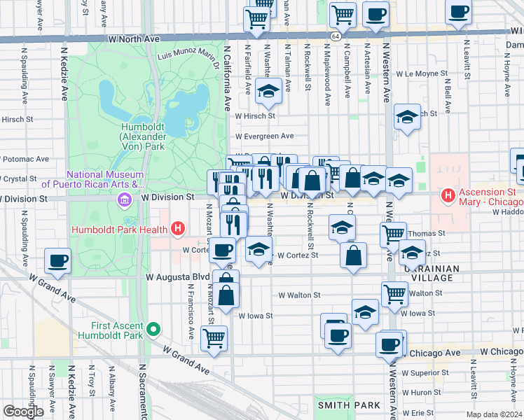 map of restaurants, bars, coffee shops, grocery stores, and more near 2701 West Division Street in Chicago