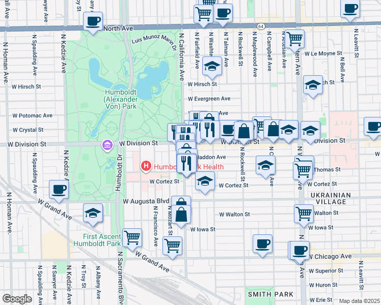 map of restaurants, bars, coffee shops, grocery stores, and more near 2743 West Division Street in Chicago