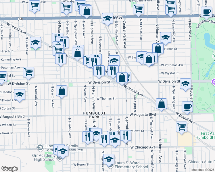 map of restaurants, bars, coffee shops, grocery stores, and more near 3725 West Division Street in Chicago