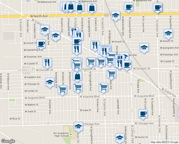 map of restaurants, bars, coffee shops, grocery stores, and more near 3913 West Division Street in Chicago