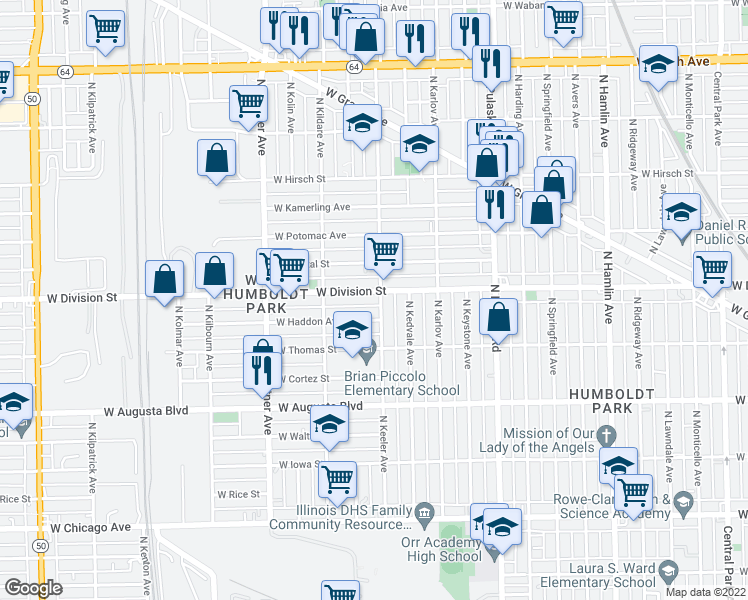 map of restaurants, bars, coffee shops, grocery stores, and more near 4219 West Division Street in Chicago