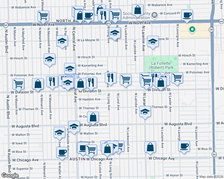 map of restaurants, bars, coffee shops, grocery stores, and more near 5360 West Division Street in Chicago